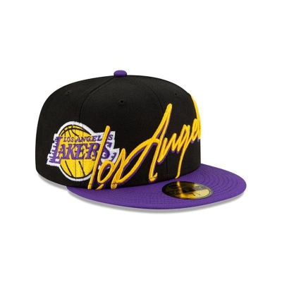 Black Los Angeles Lakers Hat - New Era NBA Cursive 59FIFTY Fitted Caps USA6837452